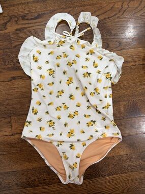 Crewcuts White One-Piece Swimsuit with Yellow Rose Print